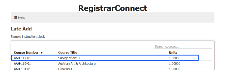 screen shot of the Late Add course section search page with the search bar highlighted with a blue box.