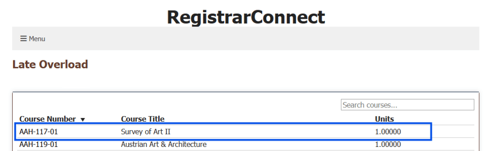 screen shot of the course search page on Registrar Connect with the first course in the list highlighted with a blue box