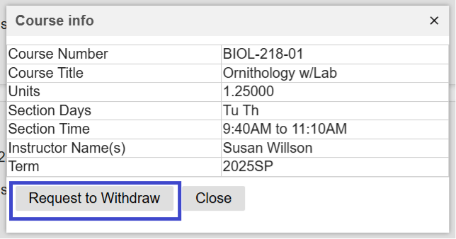 screenshot of the pop up course information screen with the request to withdraw button highlighted in a blue box.