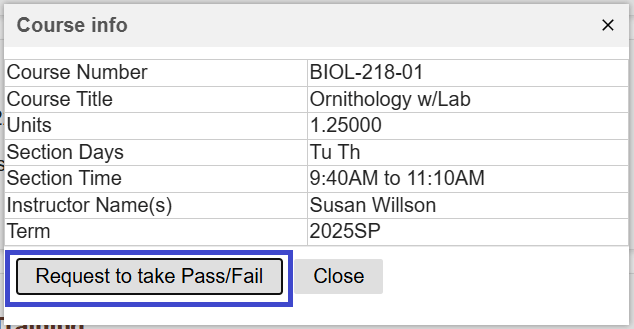 screen shot of the course information pop up screen with the request to take pass/fail button highlighted in a blue box