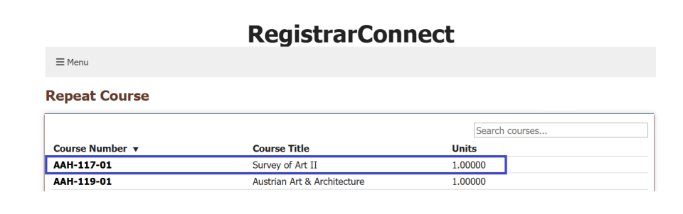 screen shot of the repeat course selection screen with the first course in the list highlighted in a blue box.