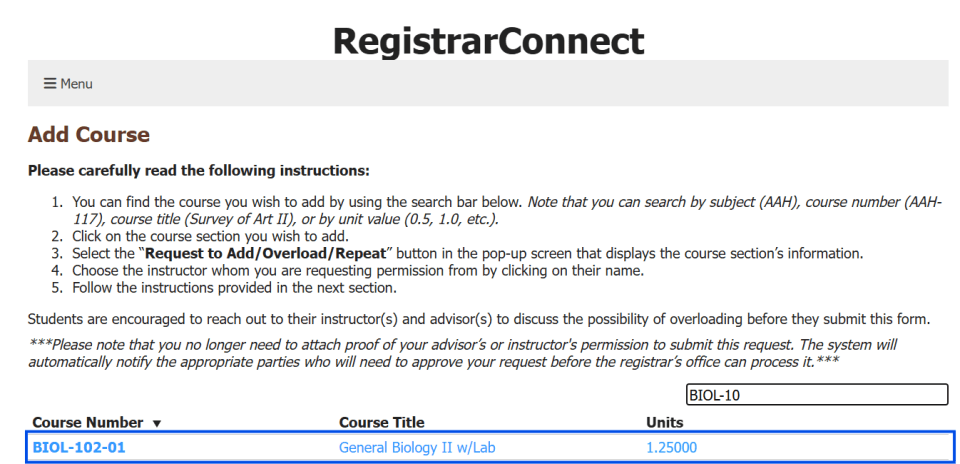 screen shot of the add course selection screen with an example course section highlighted with a blue box