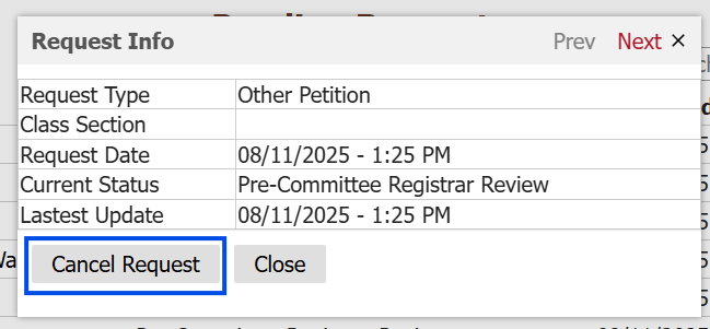 screen shot of the request information pop up screen with the Cancel Request button highlighted in a blue box