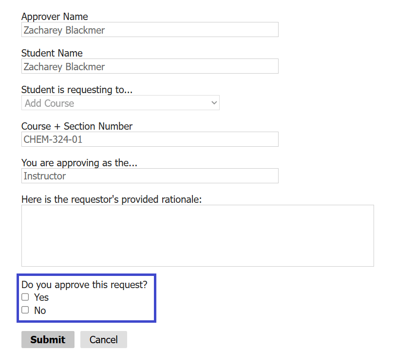 Screenshot of the approval form with a blue box around the Do you approve question.