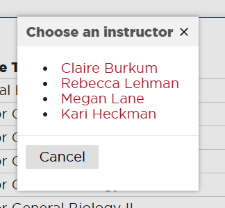 screen shot of the instructor selection pop-up on RegistrarConnect