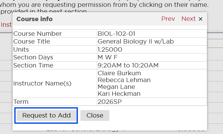 screen shot of the instructor selection pop-up on RegistrarConnect