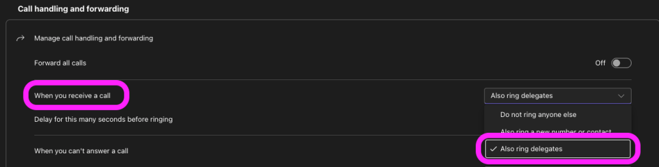 A screenshot of the "When you receive a call" setting in Teams