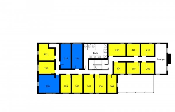 Sixty two Park Street Second Floor plans shows thirteen single rooms, three double rooms, and one bathroom.