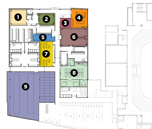 Rendering of first floor floorplans with corresponding numbers to area that a donor can name. 