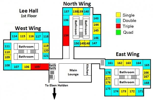 Lee Hall First Floor includes three interconnected wings (West, North, and East) that each include 1 triple, 8 singles, and 7-8 doubles.