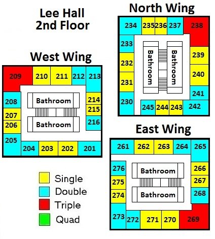 Lee Hall Second Floor includes three wings (West, North, and East) that each include 1 triple, 8 singles, and 7 doubles.