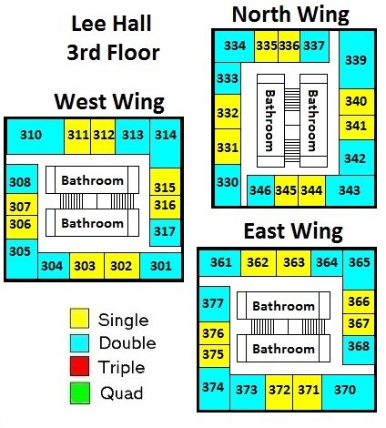 Lee Hall Third Floor includes three wings (West, North, and East) and each has 8 singles, 8 doubles, and 2 bathrooms..