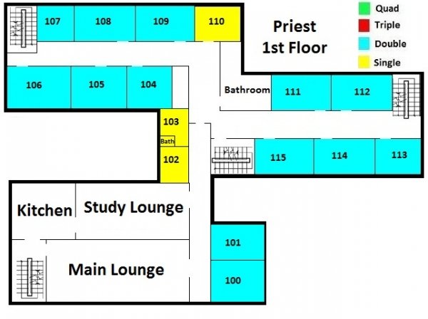 Priest Hall First Floor includes 3 singles, 13 doubles, a kitchen, a study lounge, and a main lounge.