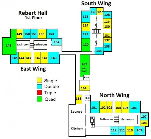 Rebert Hall Second Floor features three interconnected wings (East, South, North). Each includes a quad, 6 doubles, 6 singles, bathrooms, lounge, and kitchen.