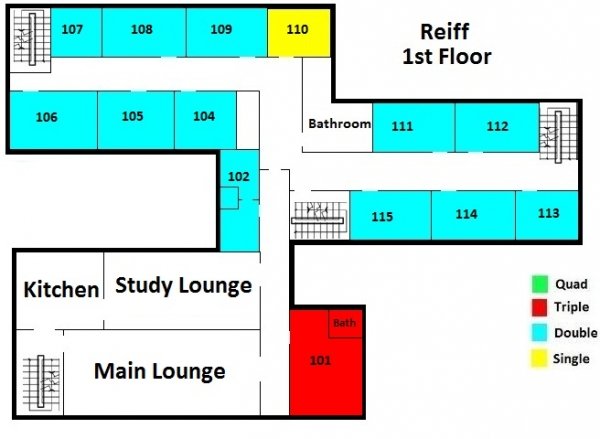 Reiff First Floor includes 12 doubles, 1 single, 1 triple, 1 bathroom, a kitchen, study lounge, and main lounge.