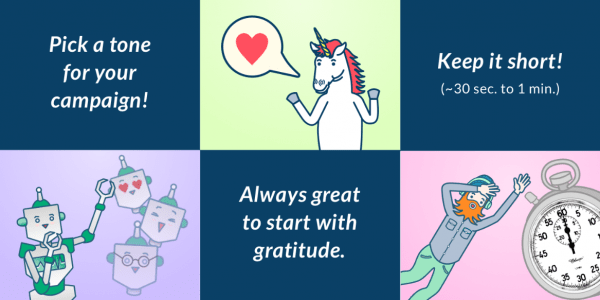 Cartoon Unicorn with suggestions to pick a tone, keep the video short and always start with gratitude.