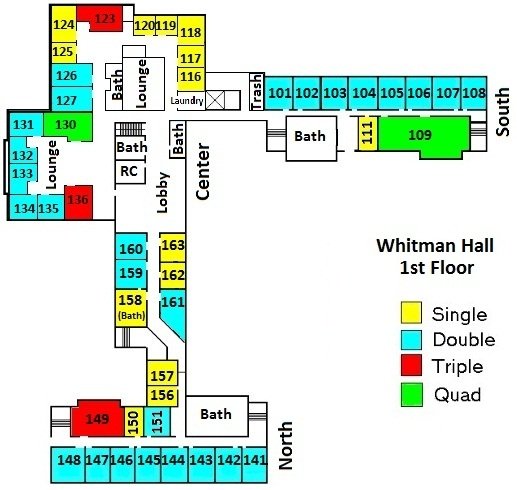 Whitman First Floor shows three interconnected wings (North, Center, South). North includes 9 doubles, 3 singles, 1 triple, 1 bath. Center includes8 doubles, 10 singles, 2 triples, 1 quad, several lounges and baths. South includes 8 doubles, 1 quad, 1 single, and 1 bath.