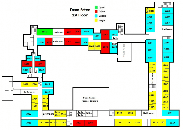 Dean Eaton first floor plan shows 34 single bedrooms, 28 double rooms, 11 triple bedrooms, one quad, twelve bathrooms, one single bathroom, one office, one lounge, and a trash room. 
