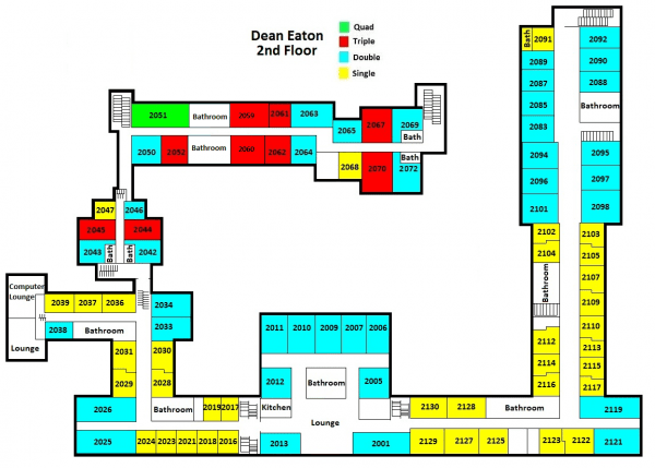 Dean Eaton second floor plan shows 36 single bedrooms, 38 double rooms, nine triple rooms, one quad, nine shared bathrooms, one single bathroom, one computer lounge, two lounges, and one kitchen.