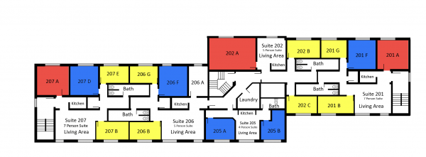 Hulett first floor plan shows five suites.  Each suite features a bathroom, a kitchen, a living room, and variations of single rooms, double rooms, and triple rooms. There is a shared laundry space for the first floor. 