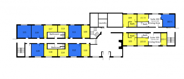 Hulett second floor plan shows five double rooms, six single rooms and two bathrooms. There is a two person suite and a three personsuite, each with a living area and bathrooms. There is a shared laundry room for the second floor. 