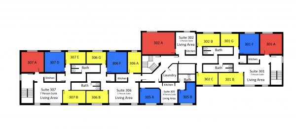 Hulett third floor plan shows four suites each with a kitchen, bathroom, living area, and variations of single, double, and triple rooms. There is a shared laundry space for the third floor. 
