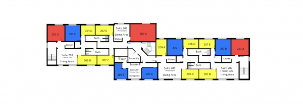 Jencks first floor plan shows five suites. Each suite features a kitchen, a bathroom, a living area, and variations of single rooms, double rooms, and/or a triple room. There is a shared laundry room for the floor. 
