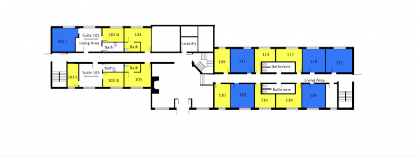 Jencks second floor plan shows a three person suite and a two person suite, each with a living area and a bathroom. The floor plan also shows six single rooms, five double rooms, two shared bathrooms, one shared living space and one shared laundry space for the floor. 