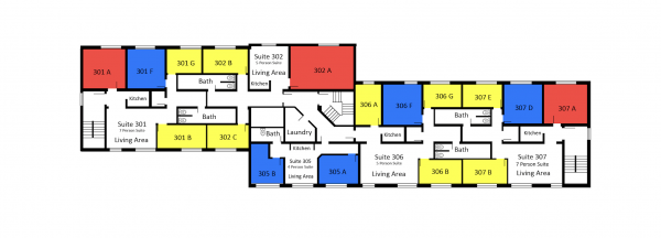 Jencks third floor plan shows five suites. Each suite features a kitchen, a bathroom, a living area, and variations of single rooms, double rooms, and/or a triple room. There is a shared laundry room for the floor. 