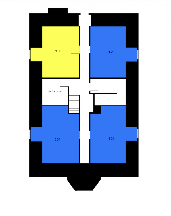 48 Park Street floor plan shows one single room, three double rooms, and a shared bathroom. 