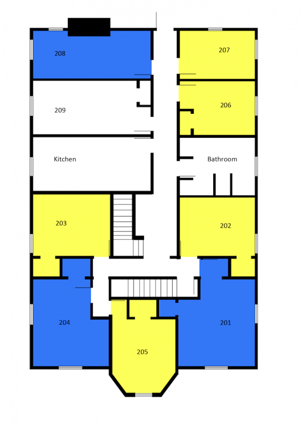 48 Park Street second floor plan shows four single rooms, three double rooms, a shared kitchen, and a shared bathroom. 