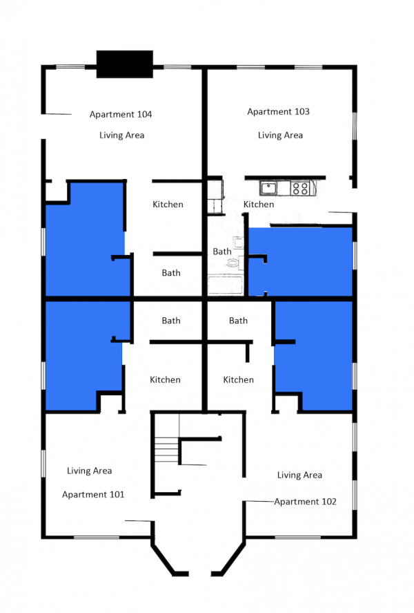 48 Park Street first floor plan shows four apartments each featuring a living area, a kitchen, a bathroom, and a double room. 