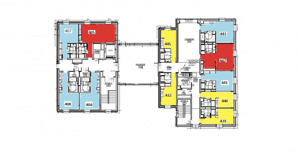 Kirk Douglas fourth floor plan shows 4 single rooms, 5 single rooms, and 2 triple rooms. Each room has a bathroom. There is one common room, a trash room, and a laundry room on the floor. 