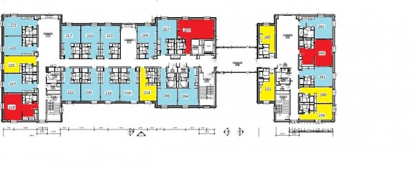 Kirk Douglas second floor plan shows six single rooms, 16 double rooms, and 3 triple rooms. Each room has a bathroom. There are three common spaces, two shared laundry rooms, and a trash room on the floor.
