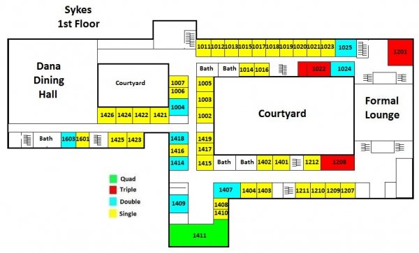 Sykes first floor plan shows 39 single rooms, 7 double rooms, 3 triple rooms, one quad room, five shared bathrooms, two courtyards, one formal lounge, and Dana Dining Hall. 
