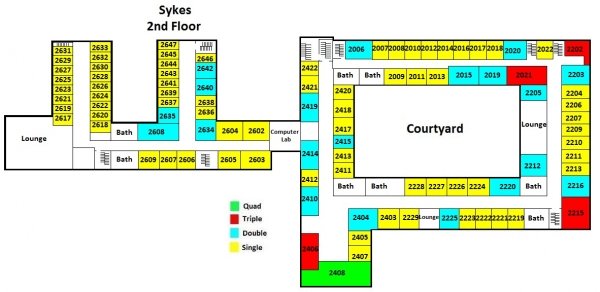 Sykes second floor plan shows 73 single rooms, 20 double rooms, 4 triple rooms, one quad room, 8 shared bathrooms, two lounges, one computer lab, and a court yard. 