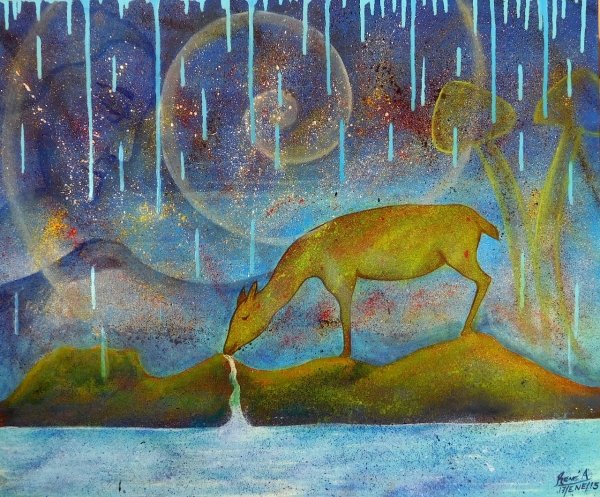 painting of a deer drinking from a stream