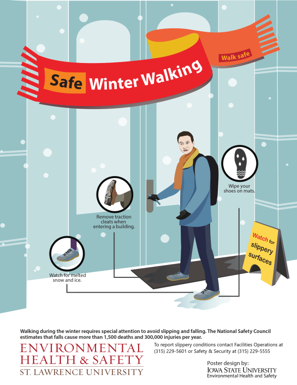 Image of a person in winter clothing about to open the door to enter a building.  Wipe your feet on the mat when entering a building.  Traction cleats and Yaktracks can be dangerous on smooth floors!  Take them off immediately when you get inside. Watch out for puddles and ice.  