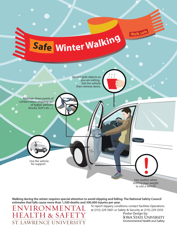 Image of a person stepping out of a car in a parking lot.  Sometimes you can't tell by looking that black ice or slick surfaces are waiting for you in a parking lot.  When you first exit your car, consider these points:  Maintain three points of contact when stepping out of your vehicle. Use caution when shifting your weight to exit a vehicle, and test the surface before taking a stride. Use your vehicle for support. Don't grab your coffee or bag as you are exiting.  Exit the vehicle, then retrieve it