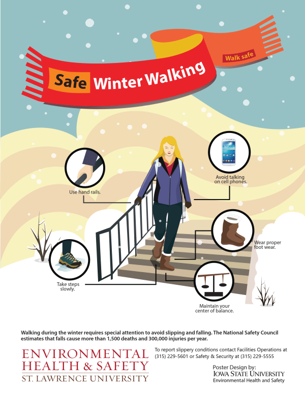 Image of a person in winter clothing walking down slippery stairs.  When using stairs. always use the hand rail. Don't hold your phone!  It can distract you and put you off balance.  Wearing a backpack instead of carrying a bag will keep both hands free. Wear boots or shoes with textured soles.  Carry indoor shoes like high heels and smooth-soled shoes in your bag or backpack. 