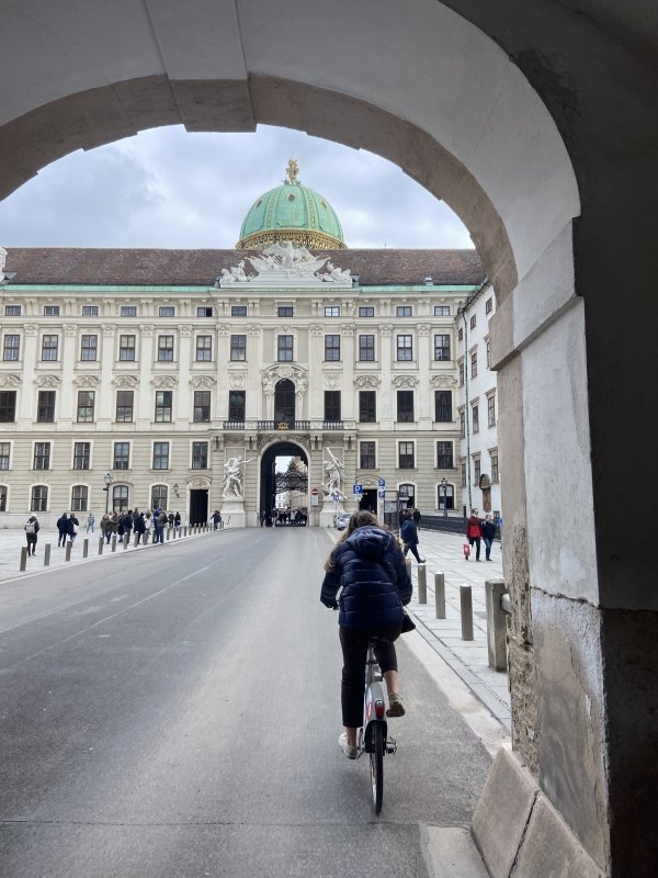 Student rides a bicycle through the streets of Vienna