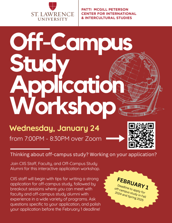 A red poster advertising the details of the Application Workshop including a QR code to the Zoom link.