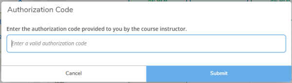 Popup box requesting an authorization code provided by the course instructor.