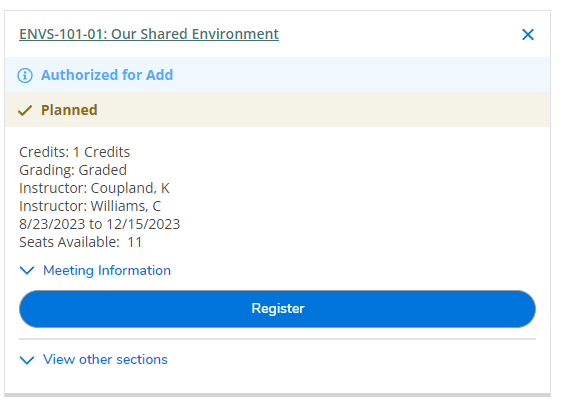 Screen capture showing the details of a course in APR2 with a blue banner stating that the user has been "Authorized to Add" the course.