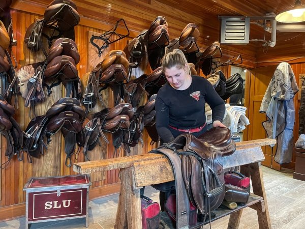 Tess Downing, wearing a black long-sleeved shirt, shines saddles in the tack room of the horse barn. There are many saddles mounted on the wall behind her.