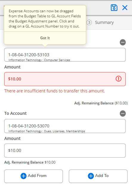 Another screenshot of the fields. There is a box for From Account, Amount, To Account, Amount. 