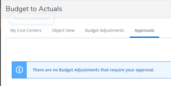 A screenshot of the Budget to Actuals Approvals screen.