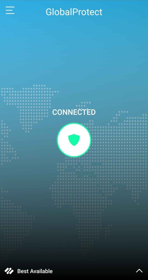 A screenshot of the main screen of GlobalProtect. In the center of the screen is a white button with a green shield in the center. Above the button is white text reading "Connected."