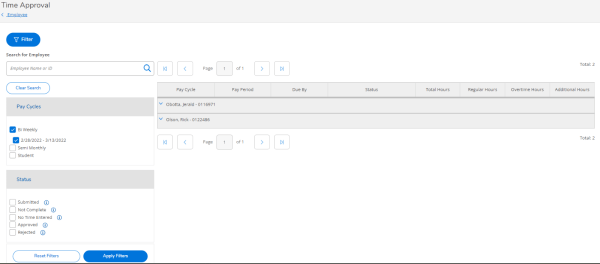 A screenshot of the Time Approval filter screen, which is on the left.
