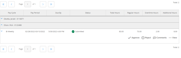 A screenshot of the employees listed under time approval. To the left of the employee name is a carrot. Clicking on it expands the information to be able to view fields such as Pay Period, Due by, Total Hours, etc.